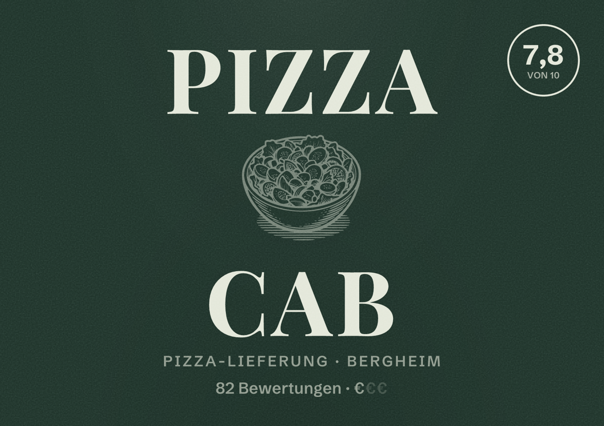 Illustriertes Poster von Pizza Cab, Pizza-Lieferung in Bergheim: Bewertung 7,8 von 10 aus 82 Bewertungen, Preisniveau €