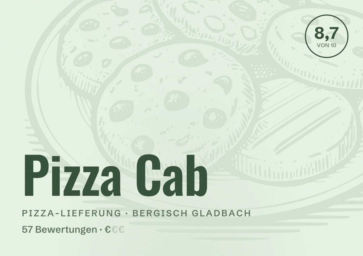 Illustriertes Poster von Pizza Cab, Pizza-Lieferung in Bergisch Gladbach: Bewertung 8,7 von 10 aus 57 Bewertungen, Preisniveau €