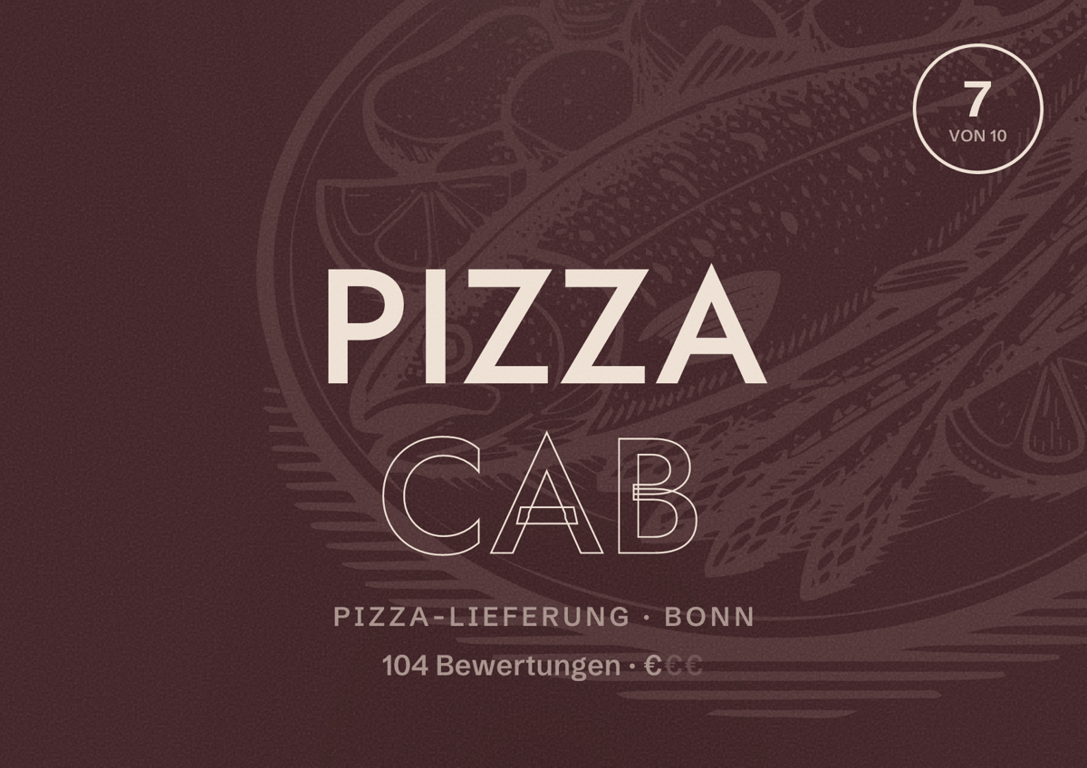 Illustriertes Poster von Pizza Cab, Pizza-Lieferung in Bonn: Bewertung 7 von 10 aus 104 Bewertungen, Preisniveau €