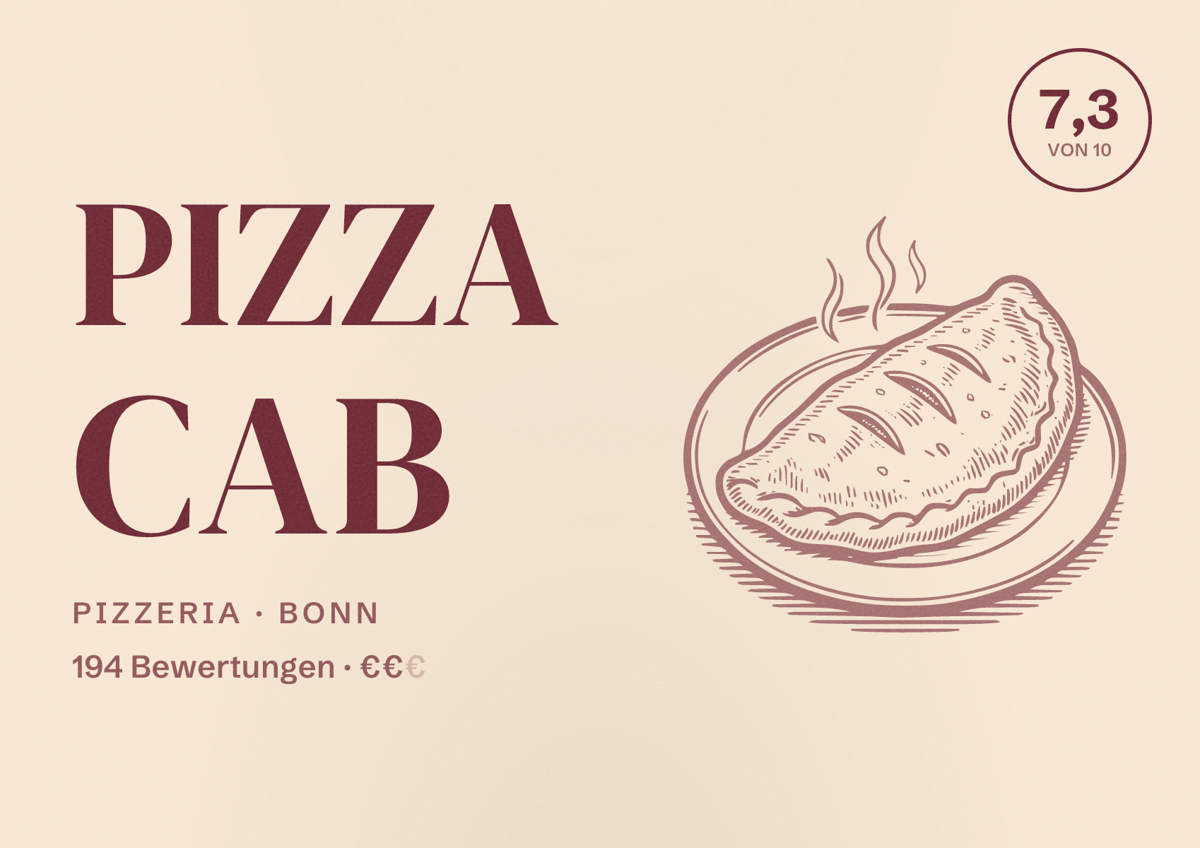 Illustriertes Poster von Pizza Cab, Pizzeria in Bonn: Bewertung 7,3 von 10 aus 194 Bewertungen, Preisniveau €€