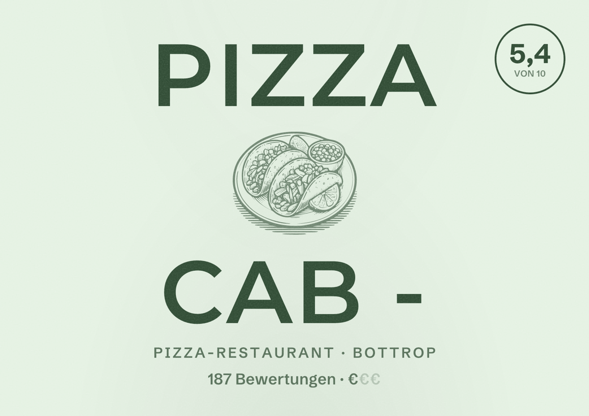Illustriertes Poster von Pizza Cab -, Pizza-Restaurant in Bottrop: Bewertung 5,4 von 10 aus 187 Bewertungen, Preisniveau €