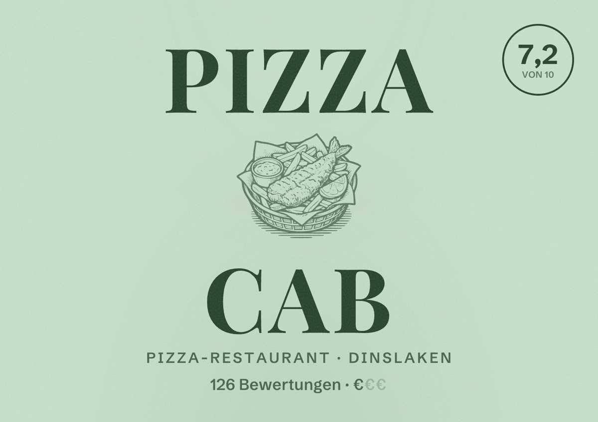 Illustriertes Poster von Pizza Cab, Pizza-Restaurant in Dinslaken: Bewertung 7,2 von 10 aus 126 Bewertungen, Preisniveau €
