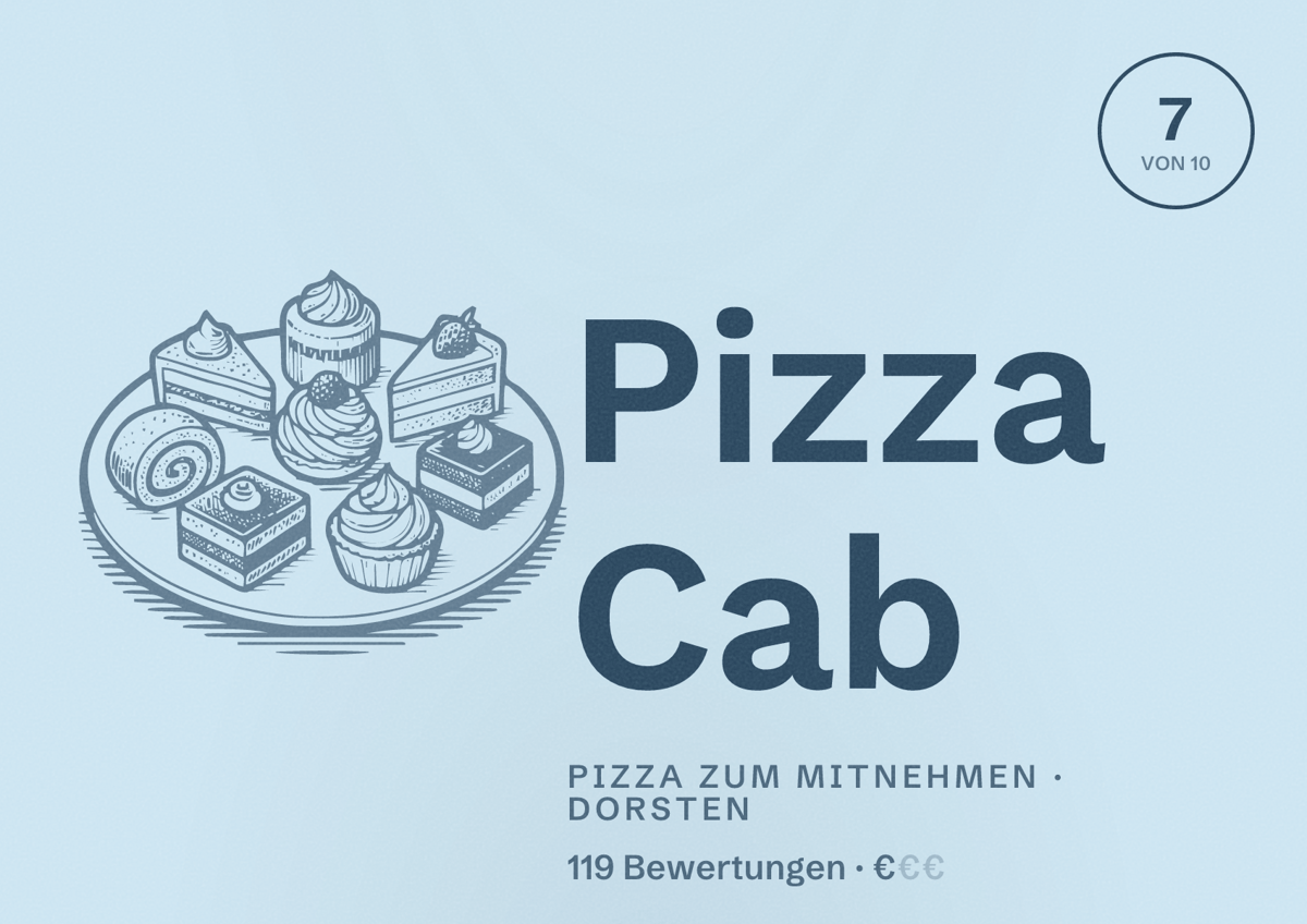 Illustriertes Poster von Pizza Cab, Pizza zum Mitnehmen in Dorsten: Bewertung 7 von 10 aus 119 Bewertungen, Preisniveau €