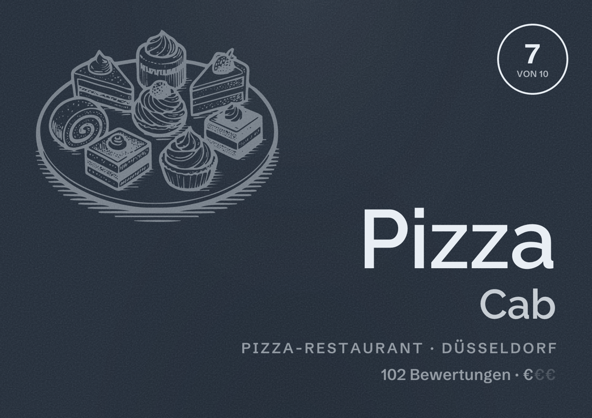 Illustriertes Poster von Pizza Cab, Pizza-Restaurant in Düsseldorf: Bewertung 7 von 10 aus 102 Bewertungen, Preisniveau €