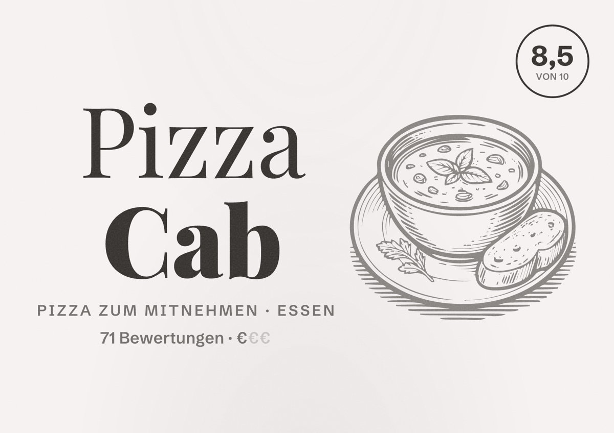Illustriertes Poster von Pizza Cab, Pizza zum Mitnehmen in Essen: Bewertung 8,5 von 10 aus 71 Bewertungen, Preisniveau €