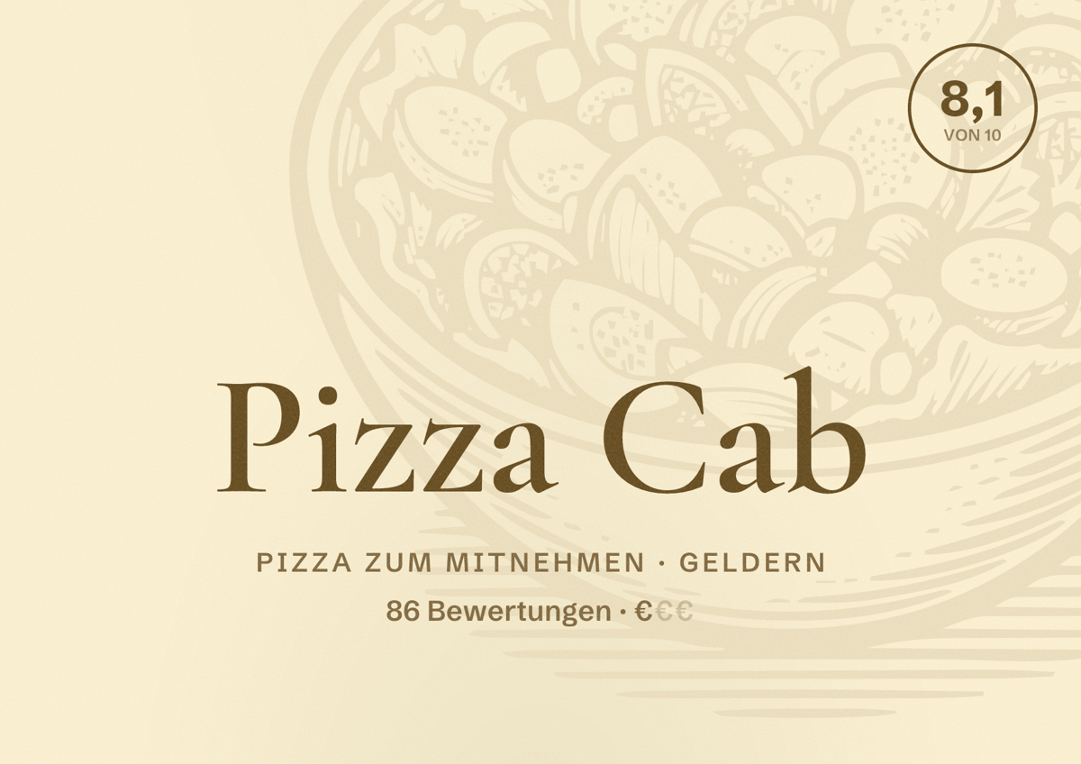 Illustriertes Poster von Pizza Cab, Pizza zum Mitnehmen in Geldern: Bewertung 8,1 von 10 aus 86 Bewertungen, Preisniveau €