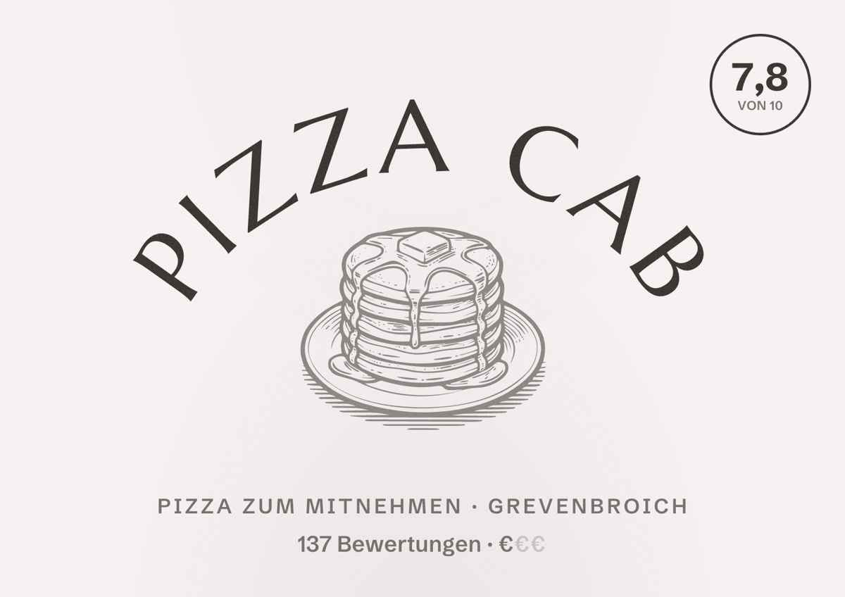 Illustriertes Poster von Pizza Cab, Pizza zum Mitnehmen in Grevenbroich: Bewertung 7,8 von 10 aus 137 Bewertungen, Preisniveau €