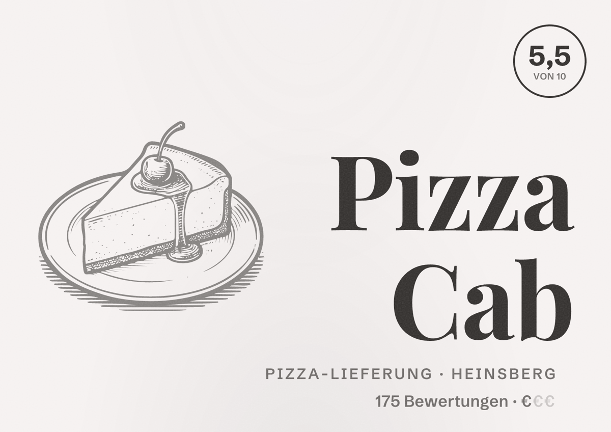 Illustriertes Poster von Pizza Cab, Pizza-Lieferung in Heinsberg: Bewertung 5,5 von 10 aus 175 Bewertungen, Preisniveau €