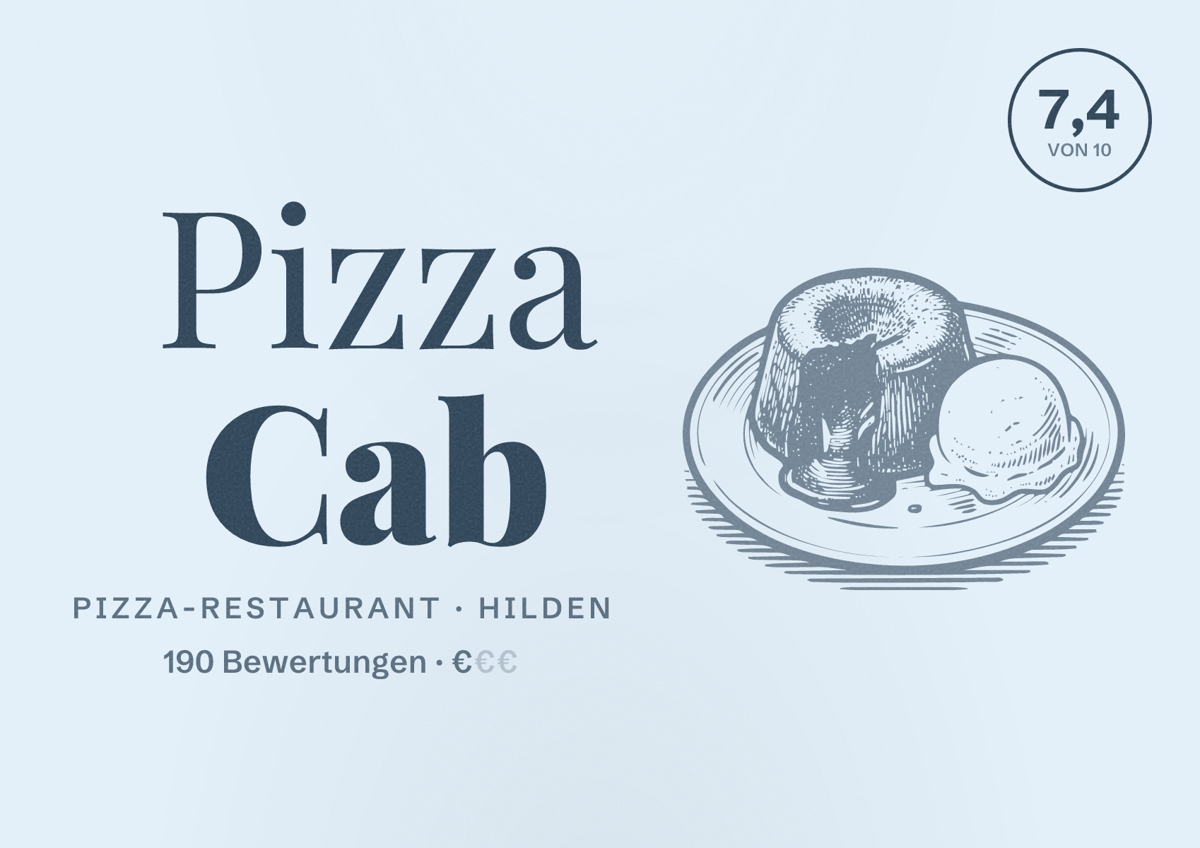 Illustriertes Poster von Pizza Cab, Pizza-Restaurant in Hilden: Bewertung 7,4 von 10 aus 190 Bewertungen, Preisniveau €