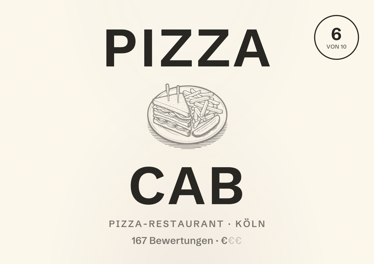 Illustriertes Poster von Pizza Cab, Pizza-Restaurant in Köln: Bewertung 6,0 von 10 aus 167 Bewertungen, Preisniveau €