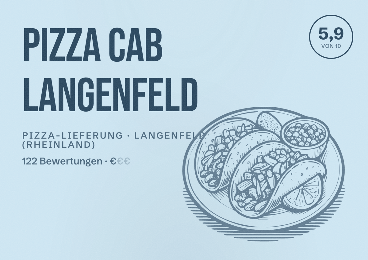 Illustriertes Poster von Pizza Cab Langenfeld, Pizza-Lieferung in Langenfeld (Rheinland): Bewertung 5,9 von 10 aus 122 Bewertungen, Preisniveau €
