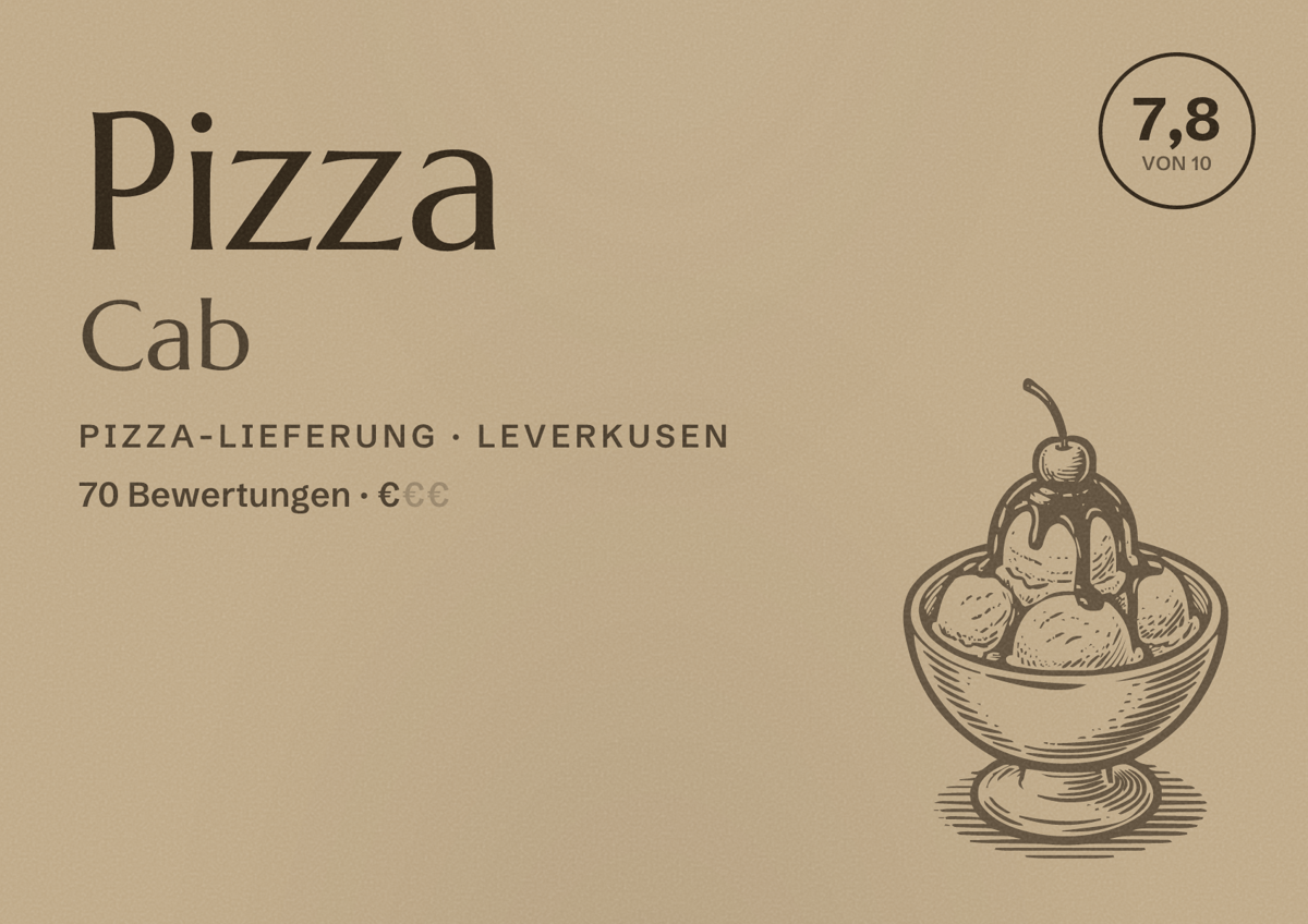 Illustriertes Poster von Pizza Cab, Pizza-Lieferung in Leverkusen: Bewertung 7,8 von 10 aus 70 Bewertungen, Preisniveau €