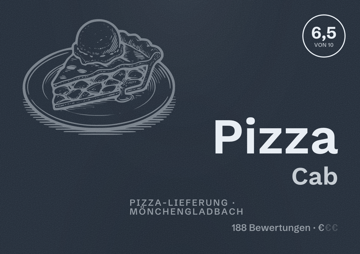 Illustriertes Poster von Pizza Cab, Pizza-Lieferung in Mönchengladbach: Bewertung 6,5 von 10 aus 188 Bewertungen, Preisniveau €