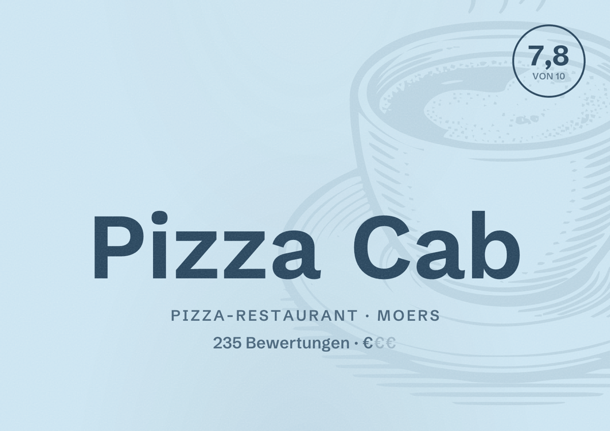 Illustriertes Poster von Pizza Cab, Pizza-Restaurant in Moers: Bewertung 7,8 von 10 aus 235 Bewertungen, Preisniveau €