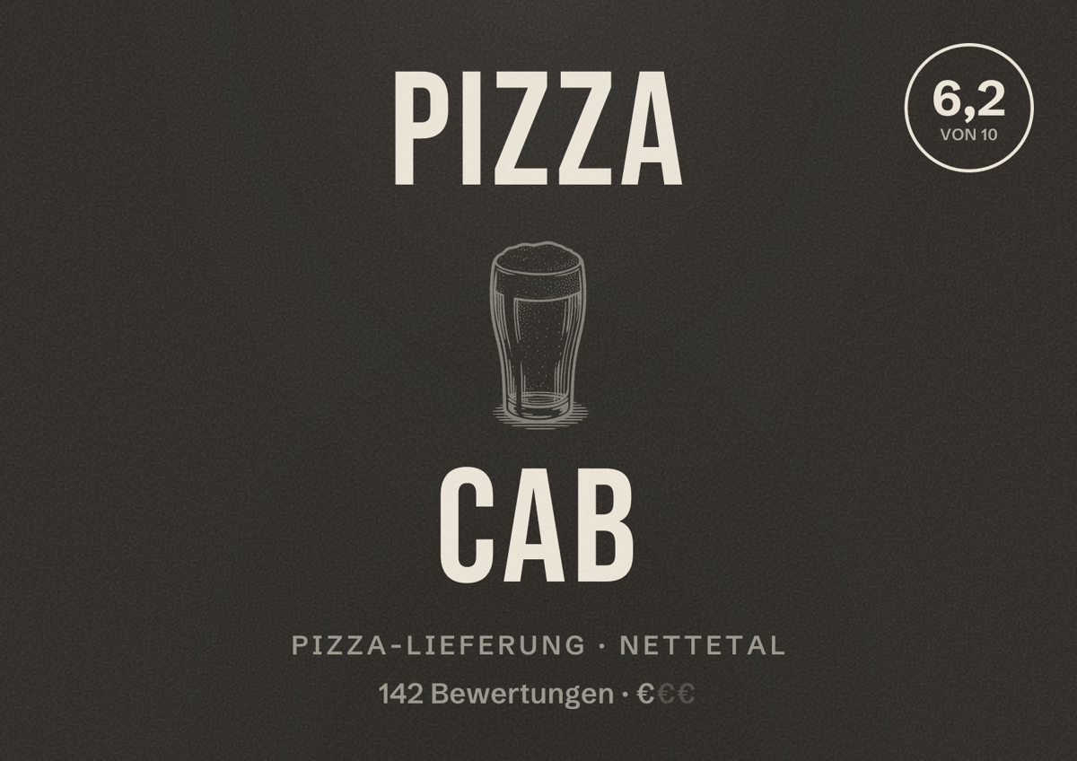 Illustriertes Poster von Pizza Cab, Pizza-Lieferung in Nettetal: Bewertung 6,2 von 10 aus 142 Bewertungen, Preisniveau €