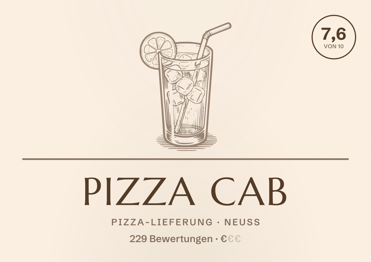 Illustriertes Poster von Pizza Cab, Pizza-Lieferung in Neuss: Bewertung 7,6 von 10 aus 229 Bewertungen, Preisniveau €