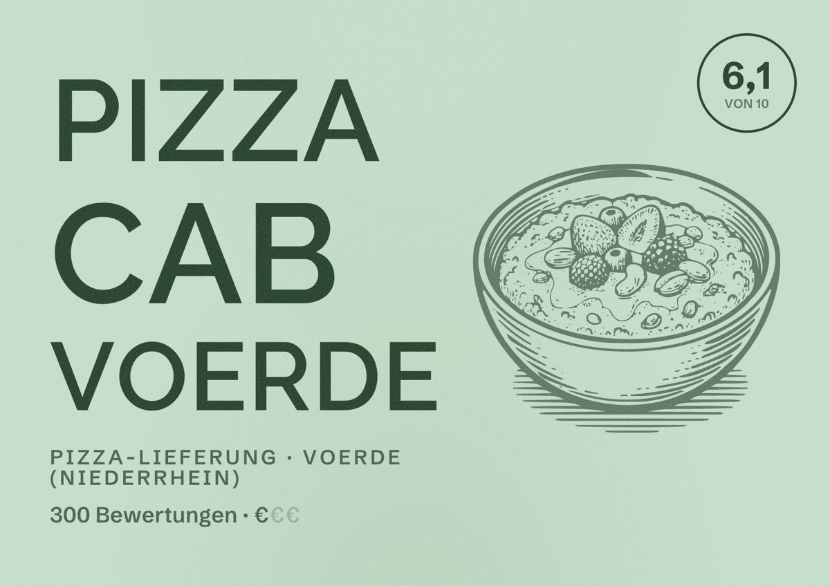 Illustriertes Poster von Pizza Cab Voerde, Pizza-Lieferung in Voerde (Niederrhein): Bewertung 6,1 von 10 aus 300 Bewertungen, Preisniveau €
