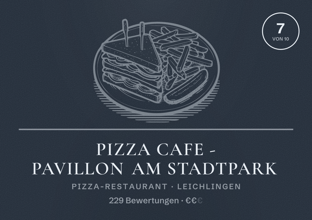 Illustriertes Poster von Pizza Cafe - Pavillon am Stadtpark, Pizza-Restaurant in Leichlingen: Bewertung 7 von 10 aus 229 Bewertungen, Preisniveau €€