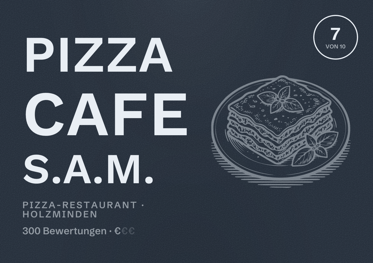 Illustriertes Poster von Pizza Cafe S.A.M., Pizza-Restaurant in Holzminden: Bewertung 7 von 10 aus 300 Bewertungen, Preisniveau €