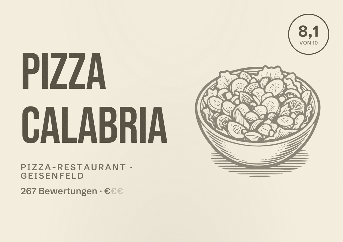 Illustriertes Poster von Pizza Calabria, Pizza-Restaurant in Geisenfeld: Bewertung 8,1 von 10 aus 267 Bewertungen, Preisniveau €