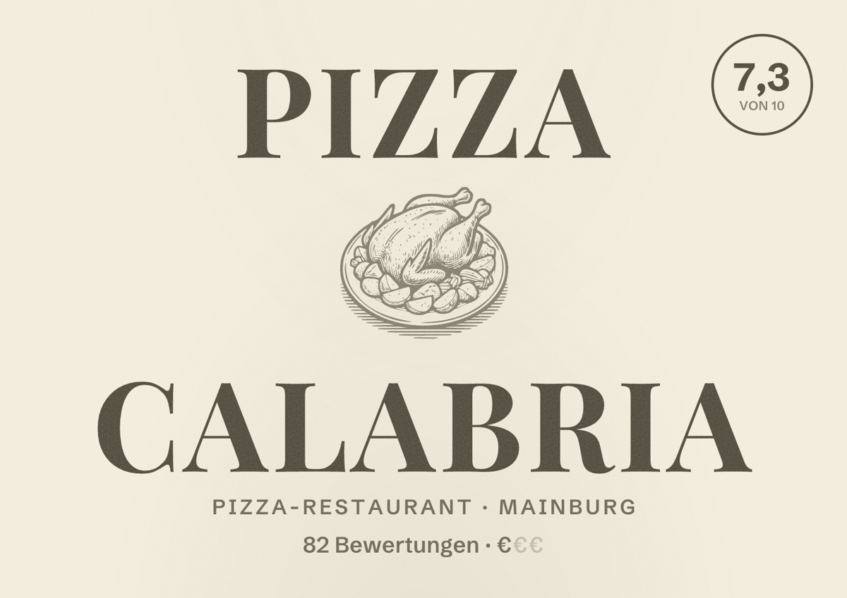 Illustriertes Poster von Pizza Calabria, Pizza-Restaurant in Mainburg: Bewertung 7,3 von 10 aus 82 Bewertungen, Preisniveau €