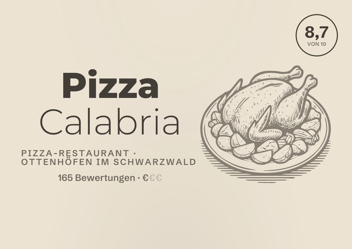 Illustriertes Poster von Pizza Calabria, Pizza-Restaurant in Ottenhöfen im Schwarzwald: Bewertung 8,7 von 10 aus 165 Bewertungen, Preisniveau €