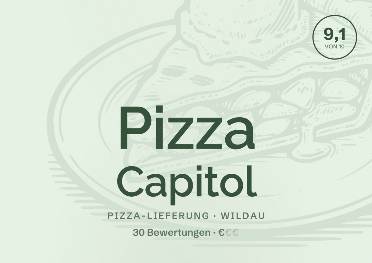 Illustriertes Poster von Pizza Capitol, Pizza-Lieferung in Wildau: Bewertung 9,1 von 10 aus 30 Bewertungen, Preisniveau €