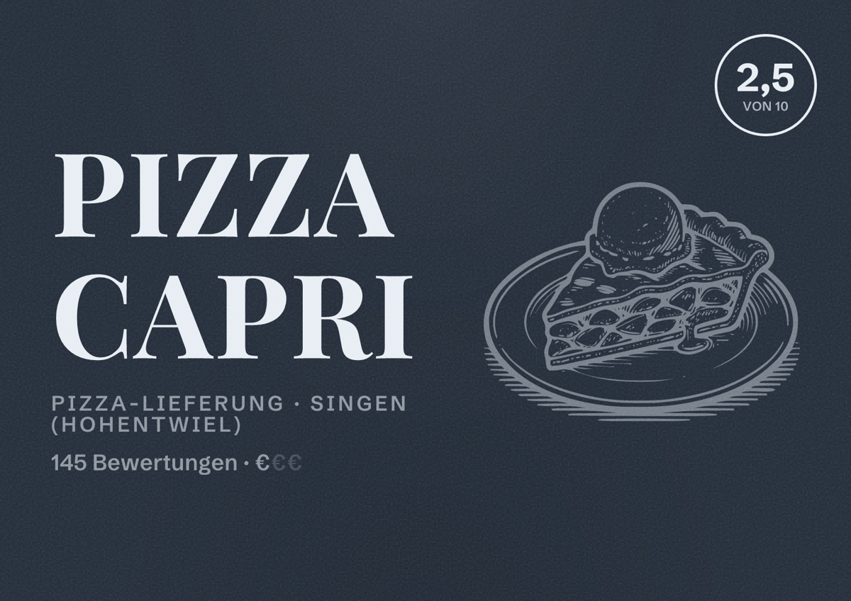 Illustriertes Poster von Pizza Capri, Pizza-Lieferung in Singen (Hohentwiel): Bewertung 2,5 von 10 aus 145 Bewertungen, Preisniveau €