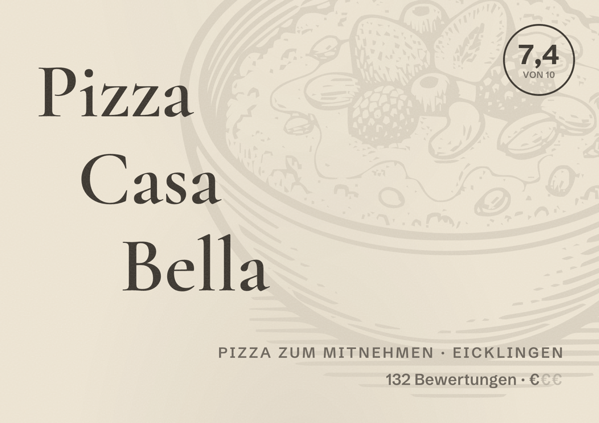 Illustriertes Poster von Pizza Casa Bella, Pizza zum Mitnehmen in Eicklingen: Bewertung 7,4 von 10 aus 132 Bewertungen, Preisniveau €