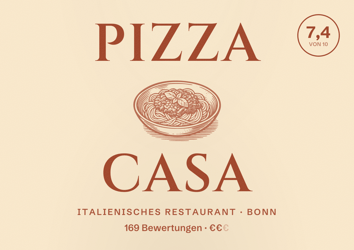 Illustriertes Poster von Pizza Casa, Italienisches Restaurant in Bonn: Bewertung 7,4 von 10 aus 169 Bewertungen, Preisniveau €€