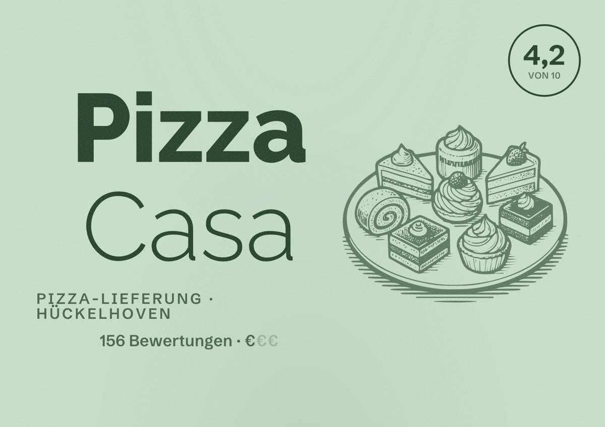 Illustriertes Poster von Pizza Casa, Pizza-Lieferung in Hückelhoven: Bewertung 4,2 von 10 aus 156 Bewertungen, Preisniveau €