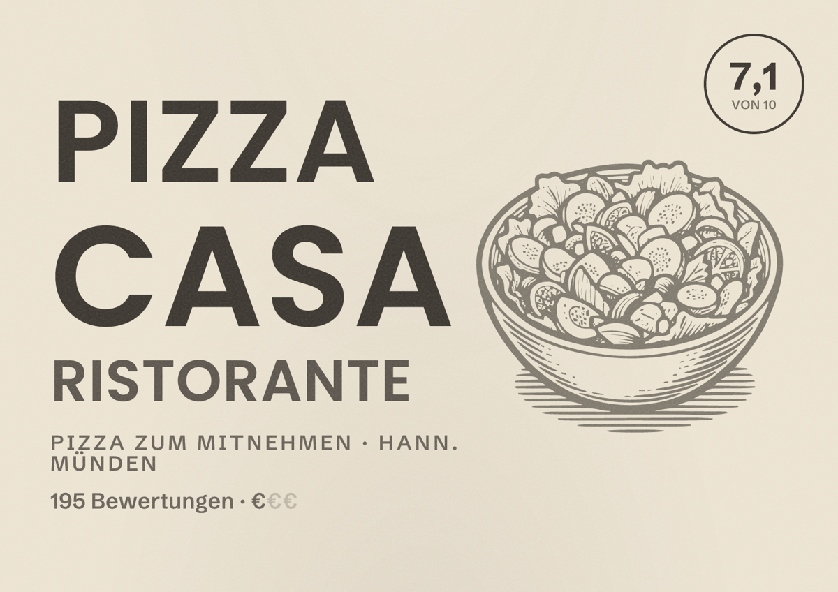 Illustriertes Poster von Pizza Casa Ristorante, Pizza zum Mitnehmen in Hann. Münden: Bewertung 7,1 von 10 aus 195 Bewertungen, Preisniveau €