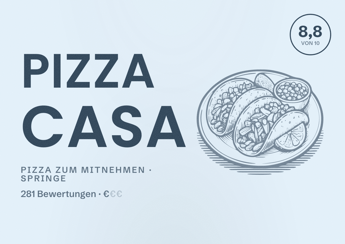 Illustriertes Poster von PIZZA CASA, Pizza zum Mitnehmen in Springe: Bewertung 8,8 von 10 aus 281 Bewertungen, Preisniveau €