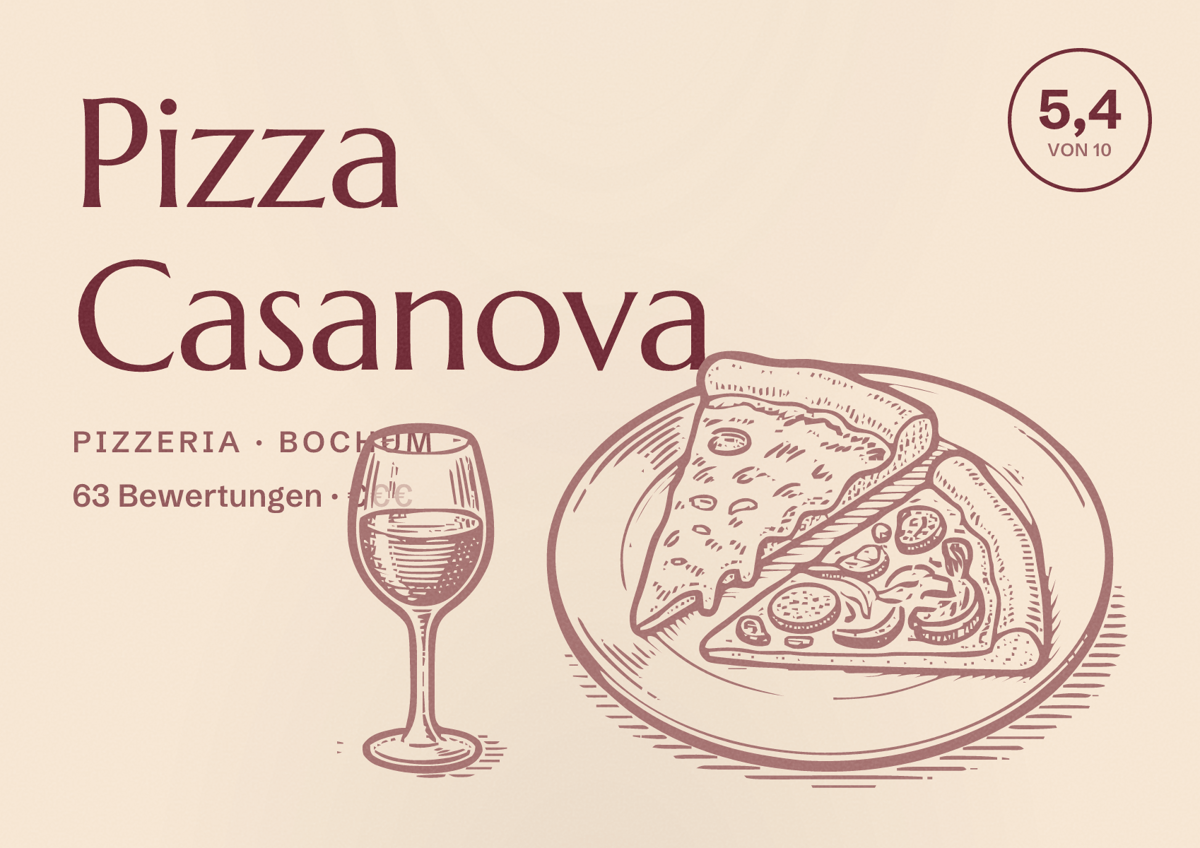 Illustriertes Poster von Pizza Casanova, Pizzeria in Bochum: Bewertung 5,4 von 10 aus 63 Bewertungen, Preisniveau €