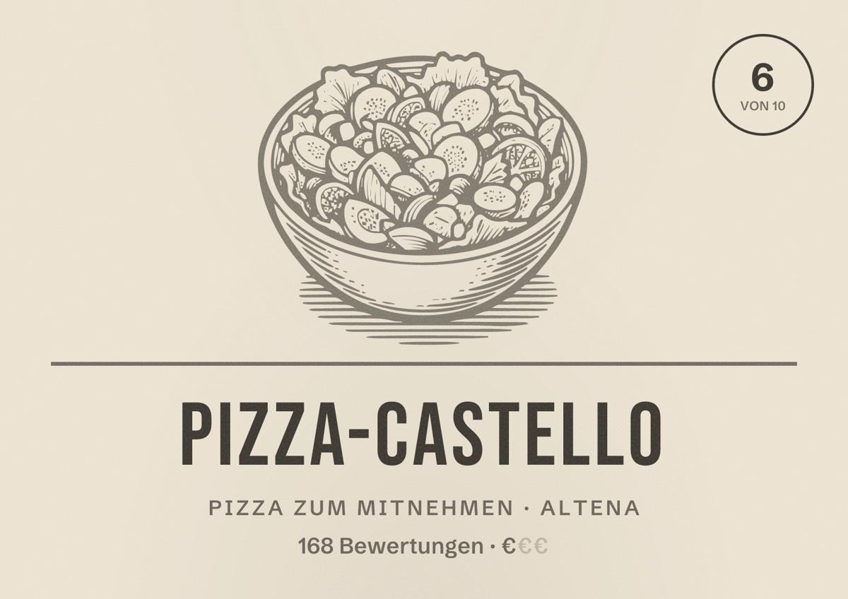 Illustriertes Poster von Pizza-Castello, Pizza zum Mitnehmen in Altena: Bewertung 6 von 10 aus 168 Bewertungen, Preisniveau €