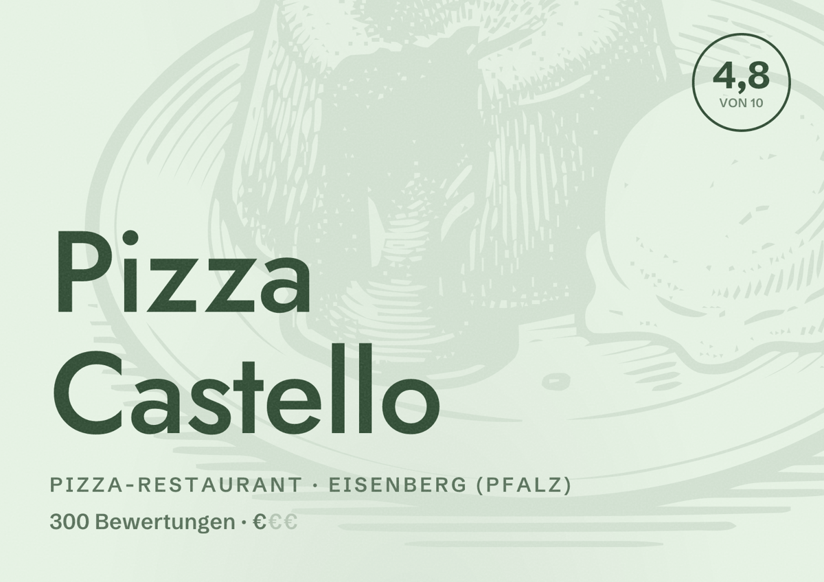 Illustriertes Poster von Pizza Castello, Pizza-Restaurant in Eisenberg (Pfalz): Bewertung 4,8 von 10 aus 300 Bewertungen, Preisniveau €