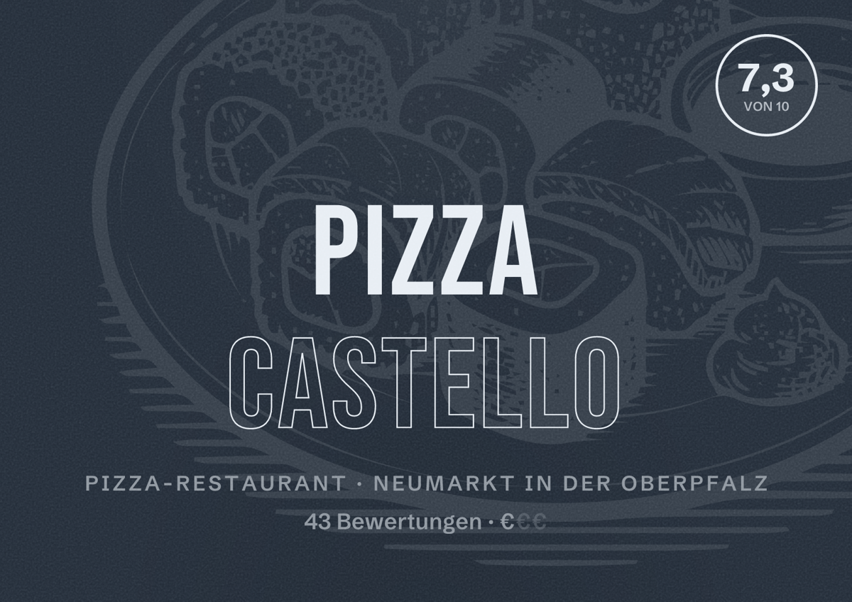 Illustriertes Poster von Pizza Castello, Pizza-Restaurant in Neumarkt in der Oberpfalz: Bewertung 7,3 von 10 aus 43 Bewertungen, Preisniveau €