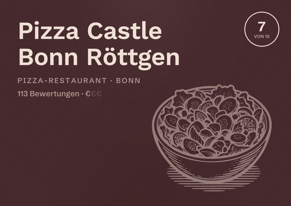Illustriertes Poster von Pizza Castle Bonn Röttgen, Pizza-Restaurant in Bonn: Bewertung 7 von 10 aus 113 Bewertungen, Preisniveau €