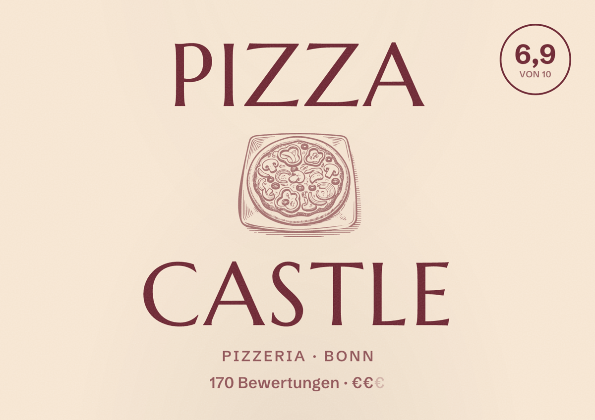Illustriertes Poster von Pizza Castle, Pizzeria in Bonn: Bewertung 6,9 von 10 aus 170 Bewertungen, Preisniveau €€