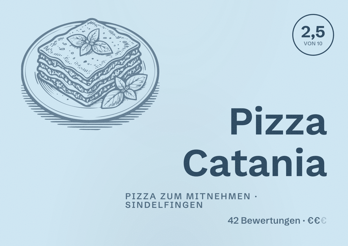 Illustriertes Poster von Pizza Catania, Pizza zum Mitnehmen in Sindelfingen: Bewertung 2,5 von 10 aus 42 Bewertungen, Preisniveau €€
