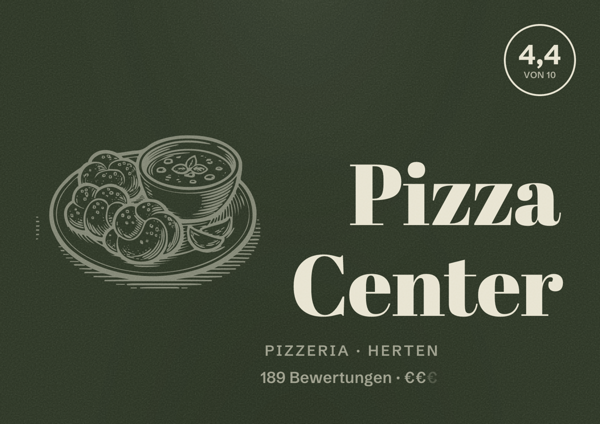 Illustriertes Poster von Pizza Center, Pizzeria in Herten: Gästebewertung 4,4 von 10 aus 189 Bewertungen