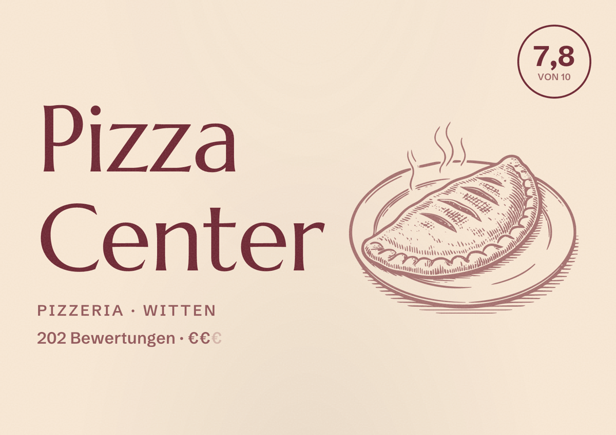 Illustriertes Poster von Pizza Center, Pizzeria in Witten: Bewertung 7,8 von 10 aus 202 Bewertungen, Preisniveau €€