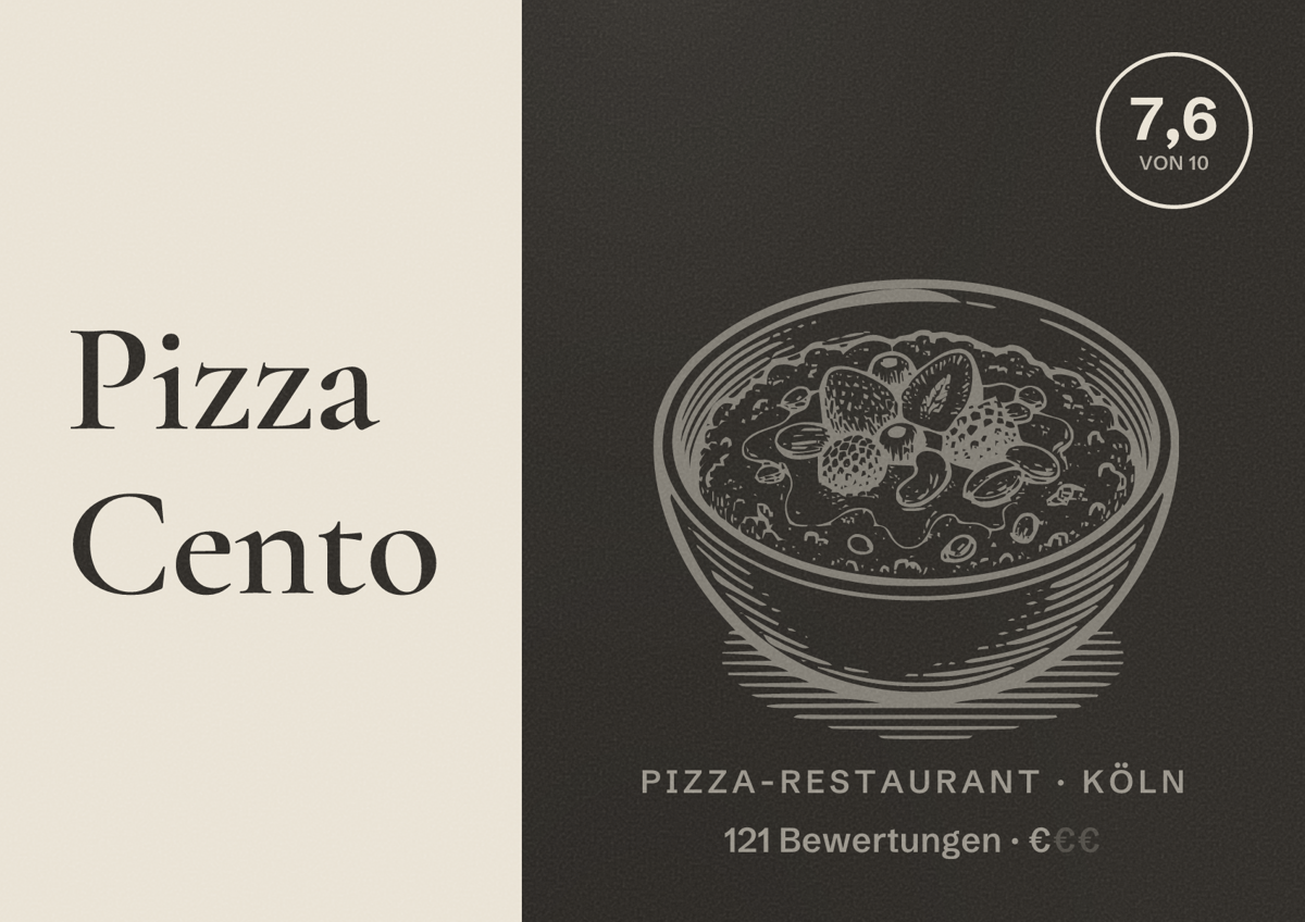 Illustriertes Poster von Pizza Cento, Pizza-Restaurant in Köln: Bewertung 7,6 von 10 aus 121 Bewertungen, Preisniveau €
