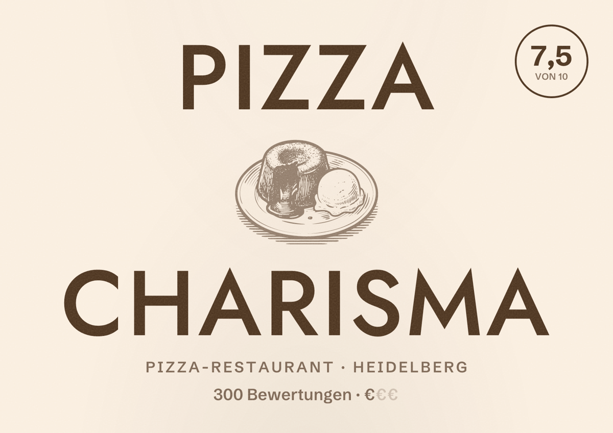 Illustriertes Poster von Pizza Charisma, Pizza-Restaurant in Heidelberg: Bewertung 7,5 von 10 aus 300 Bewertungen, Preisniveau €