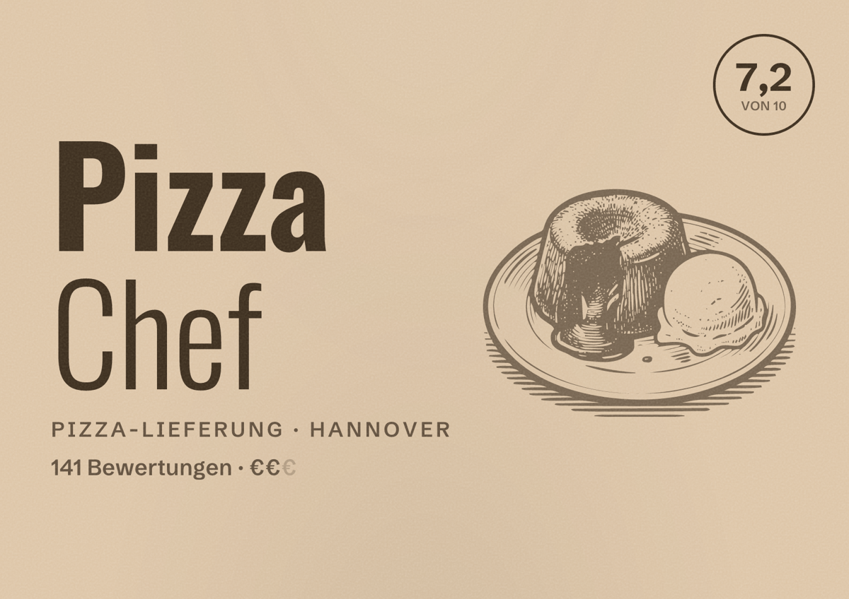 Illustriertes Poster von Pizza Chef, Pizza-Lieferung in Hannover: Bewertung 7,2 von 10 aus 141 Bewertungen, Preisniveau €€
