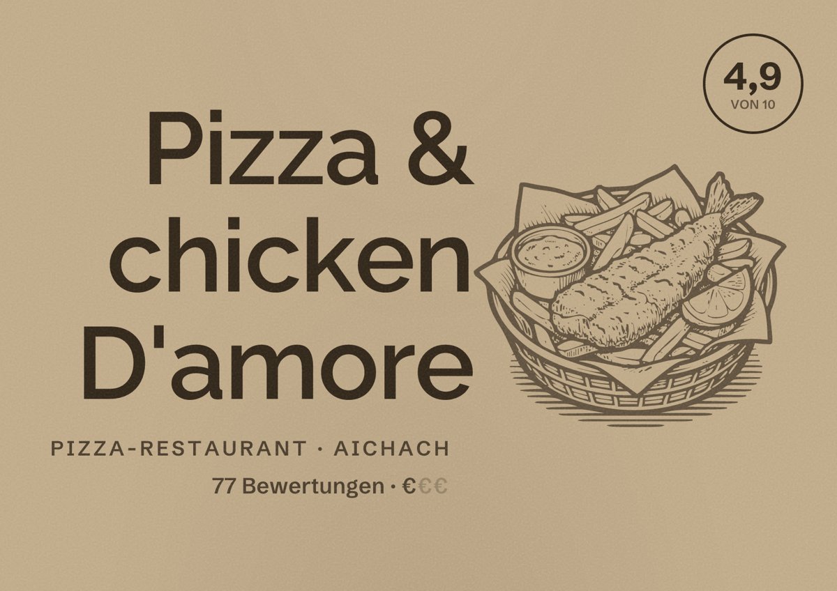 Illustriertes Poster von Pizza & chicken D'amore, Pizza-Restaurant in Aichach: Bewertung 4,9 von 10 aus 77 Bewertungen, Preisniveau €