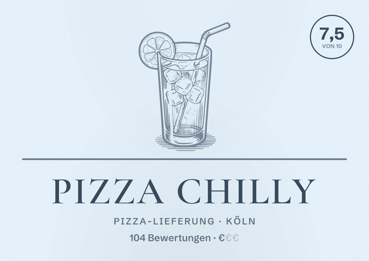 Illustriertes Poster von pizza Chilly, Pizza-Lieferung in Köln: Bewertung 7,5 von 10 aus 104 Bewertungen, Preisniveau €