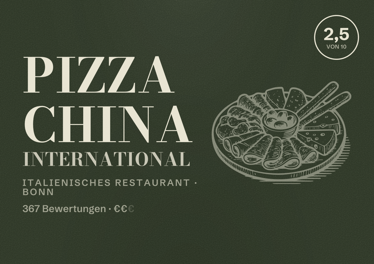 Illustriertes Poster von Pizza China International, Italienisches Restaurant in Bonn: Bewertung 2,5 von 10 aus 367 Bewertungen, Preisniveau €€