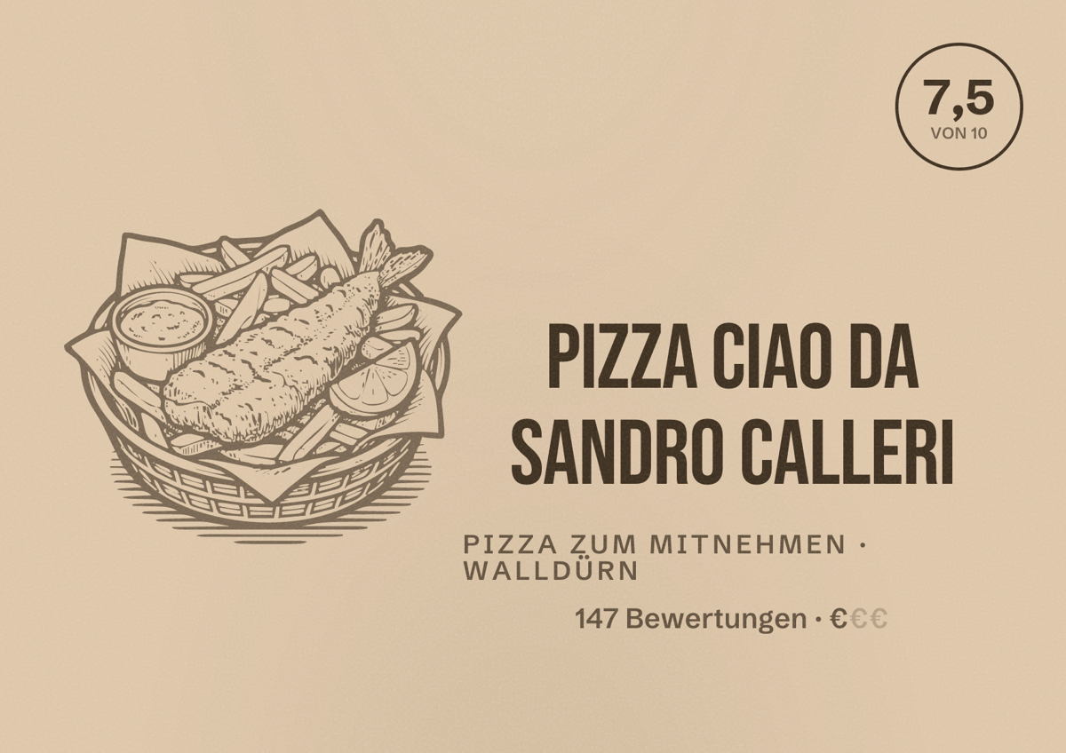 Illustriertes Poster von Pizza Ciao Da Sandro Calleri, Pizza zum Mitnehmen in Walldürn: Bewertung 7,5 von 10 aus 147 Bewertungen, Preisniveau €