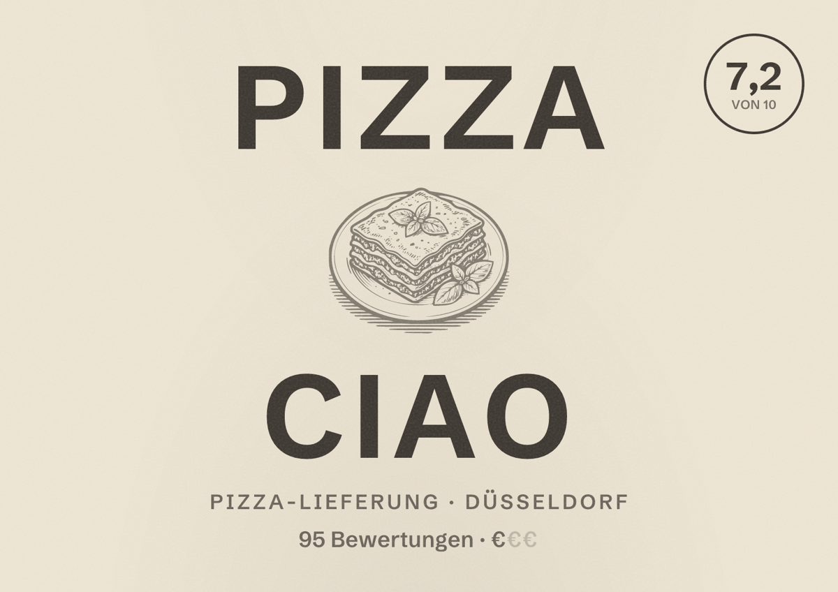 Illustriertes Poster von Pizza Ciao, Pizza-Lieferung in Düsseldorf: Bewertung 7,2 von 10 aus 95 Bewertungen, Preisniveau €